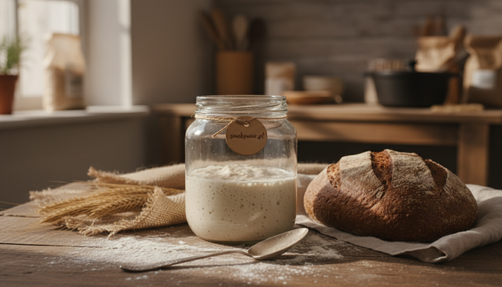 A rustic glass jar filled with natural sourdough starter sits elegantly on a wooden kitchen countertop, surrounded by a scattering of flour and a freshly baked German bread loaf. In the foreground, a spoon rests beside the jar, revealing the bubbly texture of the starter. The middle ground features a textured cloth and a wheat sheaf, hinting at the artisanal bread-making process. Soft, warm lighting filters through a nearby window, casting gentle shadows and creating a cozy atmosphere. In the background, blurred kitchen tools and bread baking essentials invoke the spirit of home baking. The overall mood is inviting and warm, reflecting the secrets of German bread flavor. Include the brand name "smakowar.pl" artistically integrated into the scene while maintaining a clean aesthetic.