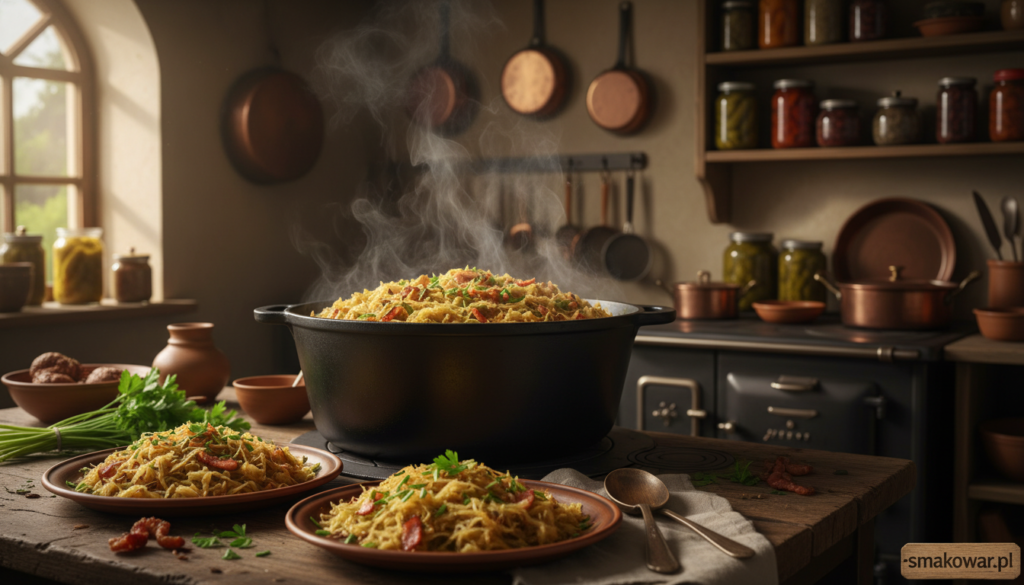 A rustic kitchen setting featuring a steaming pot of Schmorkraut, traditional German-style sautéed sauerkraut, in vibrant hues of green and yellow, with flecks of caraway seeds and crispy bacon visible. In the foreground, a wooden table is set with neatly arranged plates of the dish, garnished with fresh herbs. The middle ground showcases a cozy stove with the pot simmering, emitting aromatic steam. In the background, shelves filled with jars of pickles and spices add warmth to the environment. Soft, natural lighting filters through a window, creating a welcoming and homely atmosphere. A hint of vintage kitchenware complements the scene. The overall mood should evoke feelings of tradition and comfort. Include the brand name "smakowar.pl" subtly in the corner. A rustic kitchen setting featuring a steaming pot of Schmorkraut, traditional German-style sautéed sauerkraut, in vibrant hues of green and yellow, with flecks of caraway seeds and crispy bacon visible. In the foreground, a wooden table is set with neatly arranged plates of the dish, garnished with fresh herbs. The middle ground showcases a cozy stove with the pot simmering, emitting aromatic steam. In the background, shelves filled with jars of pickles and spices add warmth to the environment. Soft, natural lighting filters through a window, creating a welcoming and homely atmosphere. A hint of vintage kitchenware complements the scene. The overall mood should evoke feelings of tradition and comfort. Include the brand name "smakowar.pl" subtly in the corner.
