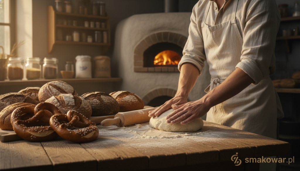 A rustic wooden kitchen table is adorned with an assortment of traditional German bread, including rye loaves, pretzels, and dark sourdough, freshly baked and glistening in warm light. In the foreground, a baker, dressed in a white apron and modest casual clothing, gently kneads dough, showcasing the art of homemade bread-making. In the middle, a rolling pin and scattered flour create an inviting, cozy atmosphere. In the background, a brick oven and jars of grains suggest a rustic kitchen setting. Soft, golden light filters through a window, casting a warm glow over the scene. The overall mood is warm and inviting, evoking the rich traditions of German baking. Logo for "smakowar.pl" subtly placed in the lower corner.
