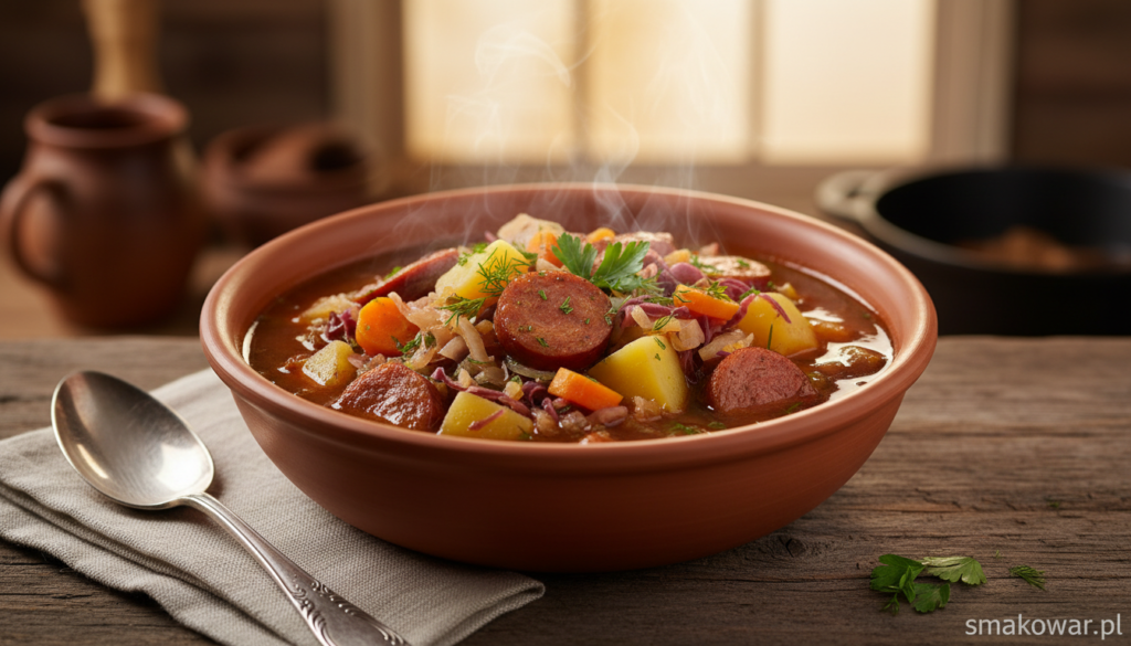 A steaming bowl of Eintopf with cabbage, rich in vibrant colors, rests on a rustic wooden table. The hearty soup, filled with chunky vegetables such as carrots, potatoes, and savory pieces of sausage, is topped with fresh herbs adding a pop of green. The foreground features a spoon resting beside the bowl, inviting the viewer to savor the dish. In the background, softly blurred kitchen elements suggest warmth, with gentle lighting illuminating the scene, evoking a cozy atmosphere. The image is captured from a slightly elevated angle, enhancing the inviting texture of the soup. This delicious Eintopf exemplifies a nourishing one-pot meal, highlighting the essence of German comfort food for smakowar.pl. A steaming bowl of Eintopf with cabbage, rich in vibrant colors, rests on a rustic wooden table. The hearty soup, filled with chunky vegetables such as carrots, potatoes, and savory pieces of sausage, is topped with fresh herbs adding a pop of green. The foreground features a spoon resting beside the bowl, inviting the viewer to savor the dish. In the background, softly blurred kitchen elements suggest warmth, with gentle lighting illuminating the scene, evoking a cozy atmosphere. The image is captured from a slightly elevated angle, enhancing the inviting texture of the soup. This delicious Eintopf exemplifies a nourishing one-pot meal, highlighting the essence of German comfort food for smakowar.pl.