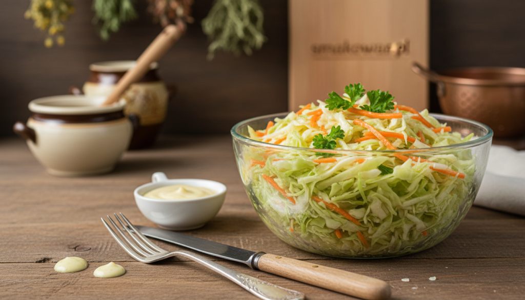 A vibrant, appetizing bowl of Krautsalat, a traditional German coleslaw, showcasing finely shredded green cabbage tossed with bright orange carrots. The dish is garnished with fresh parsley leaves for a pop of color. In the foreground, the salad glistens under soft, natural lighting, emphasizing its fresh ingredients. In the middle, a wooden table displays rustic cutlery, and a small bowl of dressing sits nearby, invitingly spilling a few drops. In the background, a cozy kitchen setting is lightly blurred, with hints of traditional German cooking implements, creating a warm and inviting atmosphere. The scene conveys freshness and authenticity, perfect for illustrating the rich tradition and flavors of German cabbage dishes. The branding "smakowar.pl" subtly integrated into the landscape. A vibrant, appetizing bowl of Krautsalat, a traditional German coleslaw, showcasing finely shredded green cabbage tossed with bright orange carrots. The dish is garnished with fresh parsley leaves for a pop of color. In the foreground, the salad glistens under soft, natural lighting, emphasizing its fresh ingredients. In the middle, a wooden table displays rustic cutlery, and a small bowl of dressing sits nearby, invitingly spilling a few drops. In the background, a cozy kitchen setting is lightly blurred, with hints of traditional German cooking implements, creating a warm and inviting atmosphere. The scene conveys freshness and authenticity, perfect for illustrating the rich tradition and flavors of German cabbage dishes. The branding "smakowar.pl" subtly integrated into the landscape.