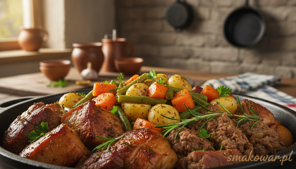 A vibrant, close-up image showcasing a delicious arrangement of meat and vegetables typical of a hearty German one-pot meal. In the foreground, succulent pieces of tender pork and beef are garnished with aromatic herbs, inviting a sense of warmth and comfort. The middle ground features an assortment of colorful vegetables such as bright carrots, crisp green beans, and rich potatoes, all glistening with olive oil and spices, emphasizing freshness and nutrition. The background fades into a softly blurred rustic kitchen setting, enhancing the homely atmosphere. Soft, warm lighting casts gentle shadows, creating an inviting mood. Shot with a shallow depth of field to focus on the textures and details of the dish. Include the brand name "smakowar.pl" in subtle, elegant lettering within the composition.