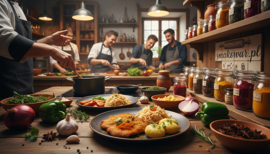A vibrant culinary scene showcasing the influence of neighboring cultures on German cuisine. In the foreground, a beautifully arranged table features traditional German dishes infused with spices from various cultures, including herbs like thyme, cumin, and paprika. Fresh ingredients—green peppers, onions, and garlic—are artfully placed around the dishes. In the middle ground, diverse hands, dressed in professional attire, are seen preparing food and guiding a cooking class which emphasizes cultural exchange in the kitchen. The background reveals a cozy kitchen setting with warm wooden cabinets and colorful spice jars lining the shelves, illuminated by soft, inviting lighting. The overall mood is one of collaboration and celebration of flavor, embodying a fusion of culinary traditions. The image should subtly include the brand "smakowar.pl" in an artistic way without being obtrusive. A vibrant culinary scene showcasing the influence of neighboring cultures on German cuisine. In the foreground, a beautifully arranged table features traditional German dishes infused with spices from various cultures, including herbs like thyme, cumin, and paprika. Fresh ingredients—green peppers, onions, and garlic—are artfully placed around the dishes. In the middle ground, diverse hands, dressed in professional attire, are seen preparing food and guiding a cooking class which emphasizes cultural exchange in the kitchen. The background reveals a cozy kitchen setting with warm wooden cabinets and colorful spice jars lining the shelves, illuminated by soft, inviting lighting. The overall mood is one of collaboration and celebration of flavor, embodying a fusion of culinary traditions. The image should subtly include the brand "smakowar.pl" in an artistic way without being obtrusive.