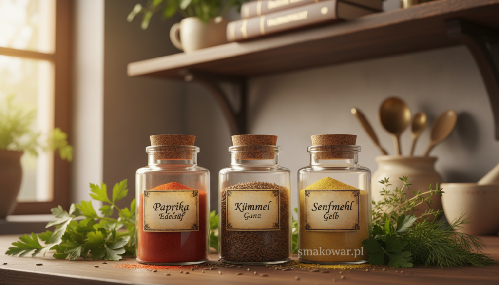 A vibrant kitchen countertop featuring an array of essential German spices and herbs. In the foreground, detailed close-ups of jars filled with colorful spices like paprika, caraway seeds, and mustard powder, all labeled in an elegant font. The middle ground showcases fresh ingredients like parsley, thyme, and dill, artfully arranged around the spice jars. In the background, a rustic wooden shelf holds traditional German cookbooks and kitchen tools, enhancing the culinary theme. Warm, natural lighting creates a cozy and inviting atmosphere, emphasizing the rich colors and textures of the spices. A shallow depth of field focuses on the spices, with a soft blur on the background. The logo "smakowar.pl" subtly embossed on one of the jars. A vibrant kitchen countertop featuring an array of essential German spices and herbs. In the foreground, detailed close-ups of jars filled with colorful spices like paprika, caraway seeds, and mustard powder, all labeled in an elegant font. The middle ground showcases fresh ingredients like parsley, thyme, and dill, artfully arranged around the spice jars. In the background, a rustic wooden shelf holds traditional German cookbooks and kitchen tools, enhancing the culinary theme. Warm, natural lighting creates a cozy and inviting atmosphere, emphasizing the rich colors and textures of the spices. A shallow depth of field focuses on the spices, with a soft blur on the background. The logo "smakowar.pl" subtly embossed on one of the jars.