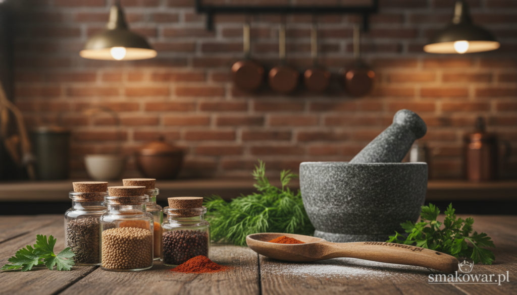 An array of colorful and aromatic spices typically used in traditional German cuisine, laid out artfully on a rustic wooden kitchen table. In the foreground, jars of spices like caraway seeds, mustard seeds, and paprika are arranged next to fresh herbs such as dill and parsley. The middle ground features essential cooking utensils like a wooden spoon and a mortar and pestle, partially obscured by a light dusting of flour, suggesting recent culinary activity. In the background, a cozy kitchen ambiance is created with softly lit, warm tones from vintage-style lighting hanging above. The overall atmosphere is inviting and homely, reflecting a passion for traditional recipes passed down through generations. The brand name "smakowar.pl" subtly integrated into the composition.
